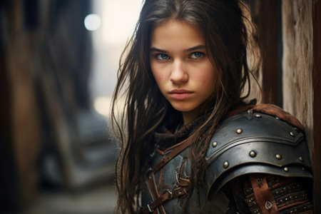 a woman in armor looking at the cameraの素材