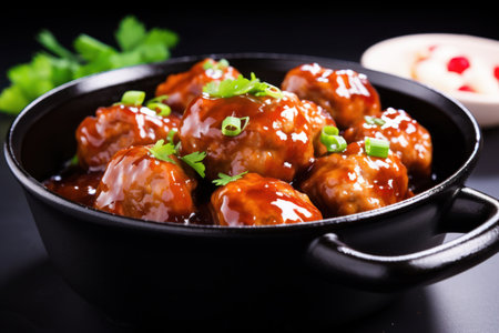 a bowl of meatballs with sauce and green onionsの素材