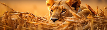 a lion lying in hayの素材