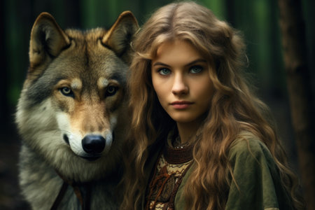 a woman with long hair and a wolfの素材