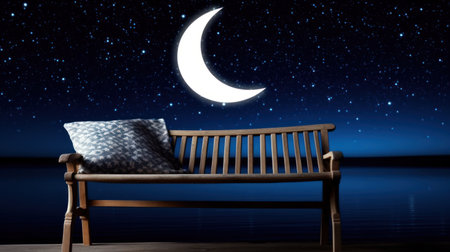 a wooden bench with a pillow and a moon in the backgroundの素材