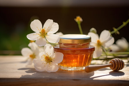 a jar of honey next to white flowersの素材