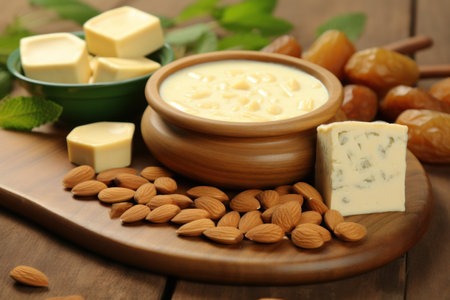 a plate of food on a wood surfaceの素材