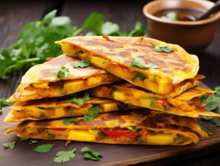 a stack of quesadilla on a wooden plateの素材