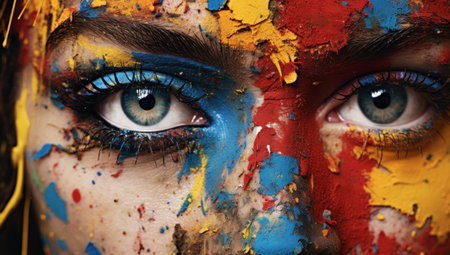 a close up of a woman's face with paint on her faceの素材