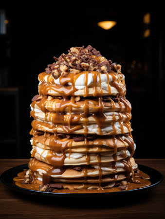 a stack of pancakes with caramel sauce and toppingsの素材