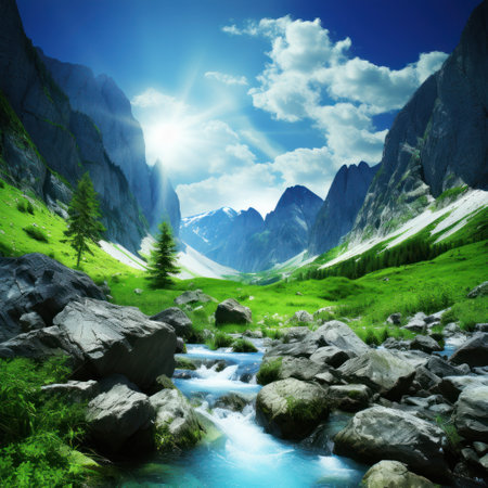 a river running through a valley with rocks and mountainsの素材