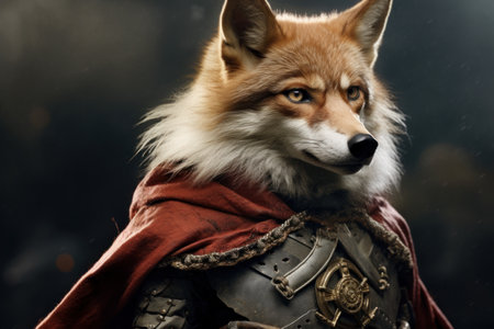 Fantasy portrait of a red fox in a medieval costume on a dark backgroundの素材