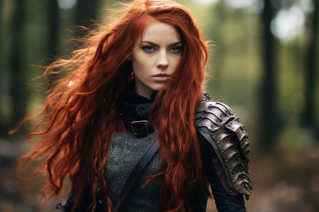 a woman with red hair wearing armorの素材