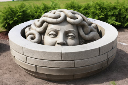a stone sculpture of a head in a circular containerの素材