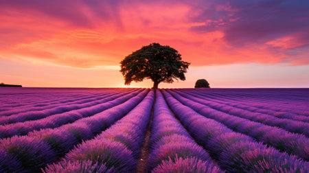 a tree in a field of lavenderの素材