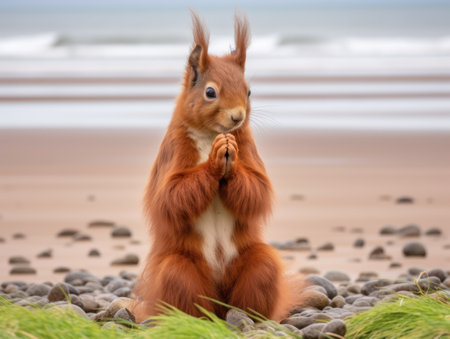 a squirrel sitting on rocks and grassの素材