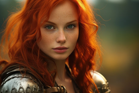 a woman with red hair and armorの素材