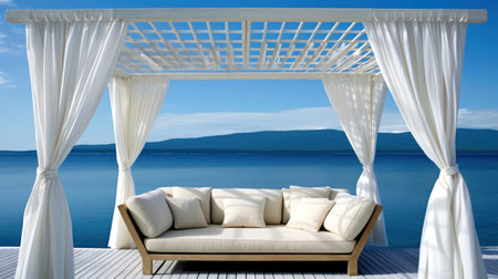 a couch on a deck overlooking a body of waterの素材