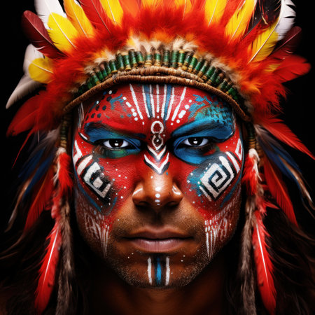 a man with face paint and feathersの素材