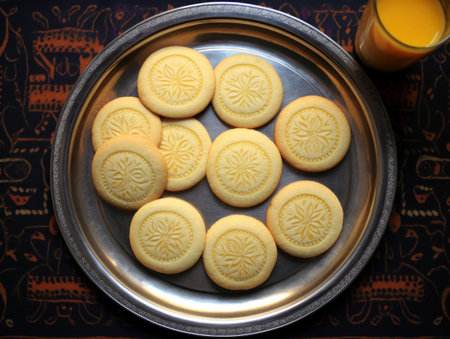 a plate of cookies and a glass of orange juiceの素材