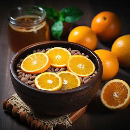 a bowl of oranges and a jar of honeyの素材