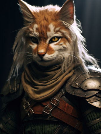 a cat in armor with yellow eyesの素材