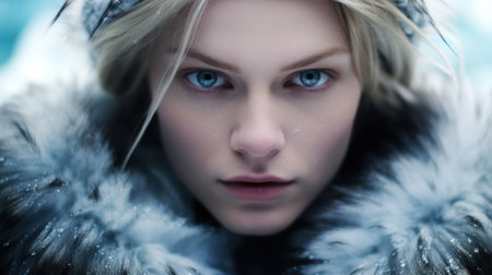 a woman with blue eyes wearing a fur hoodの素材