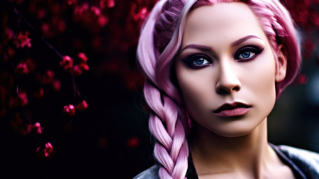 a woman with pink hair and blue eyesの素材