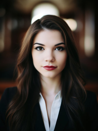 a woman with long brown hair and red lipstickの素材