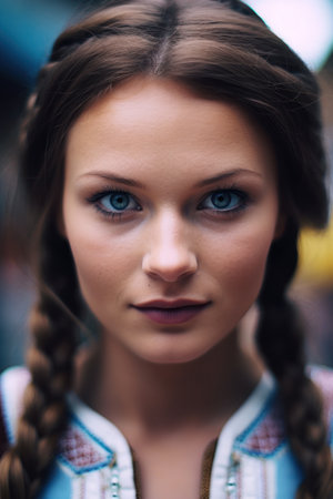 a woman with braids looking at the cameraの素材