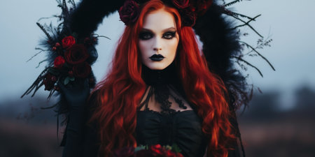 a woman with red hair and black makeupの素材