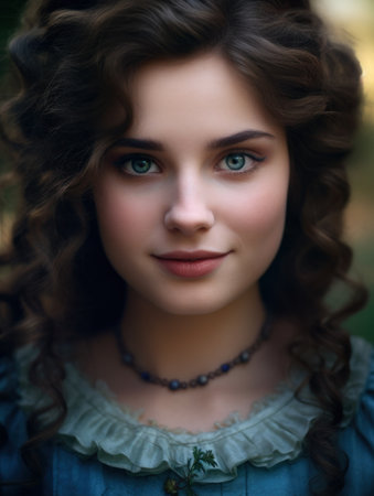 a woman with curly hair and blue eyesの素材