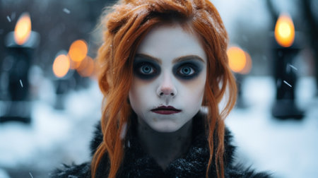 a woman with red hair and black eyes and white makeupの素材