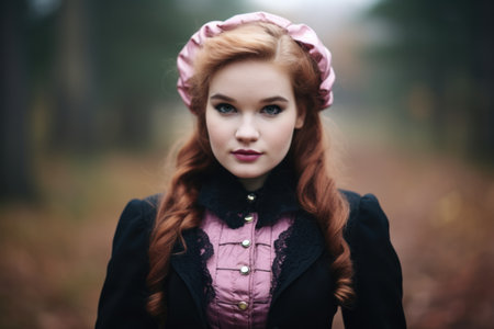 a woman with red hair wearing a pink hatの素材