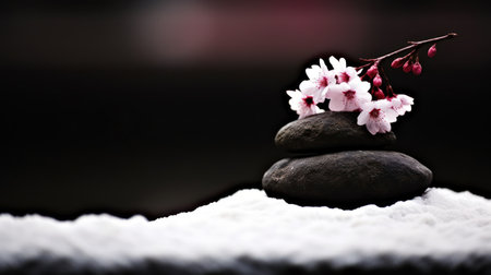 a stack of rocks with flowers on topの素材