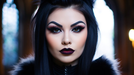 a woman with dark hair and black lipstickの素材