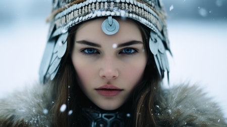 a woman wearing a headdress with a silver circle on her headの素材