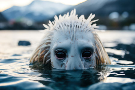 a white animal with black eyes in waterの素材