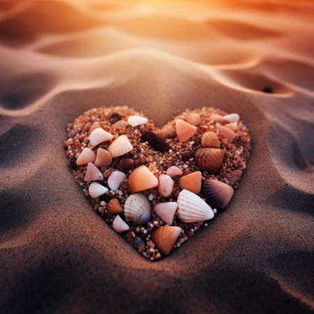 a heart shaped sand with shells on itの素材