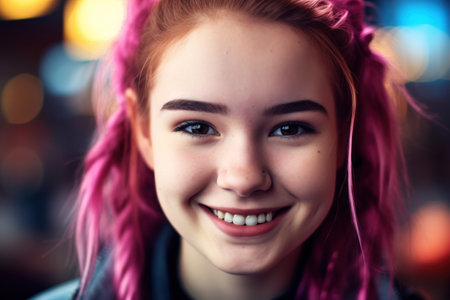 a woman with pink hair smilingの素材
