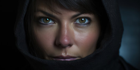 a woman with green eyes wearing a black hoodの素材