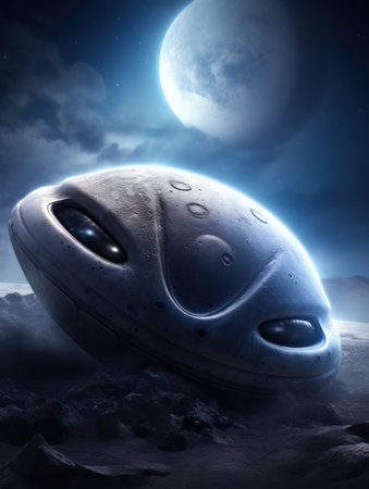 a grey alien ship on a rocky surfaceの素材