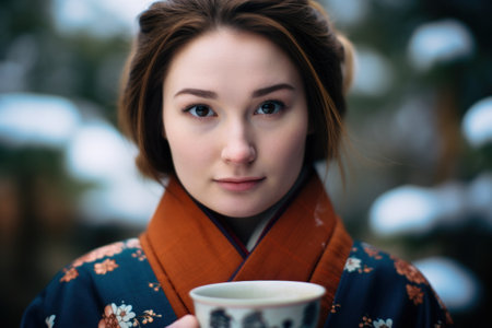 a woman holding a cupの素材