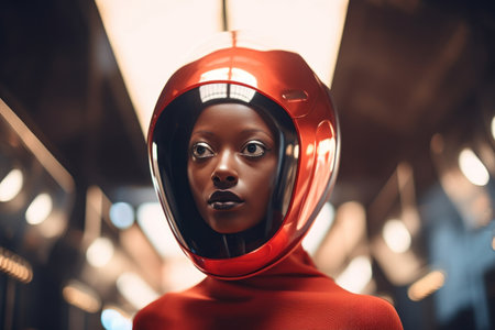 a woman wearing a red helmetの素材