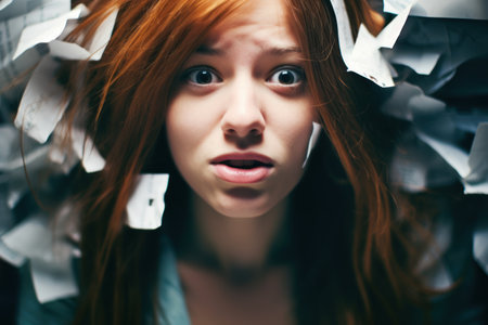 a woman with red hair and paper on her headの素材
