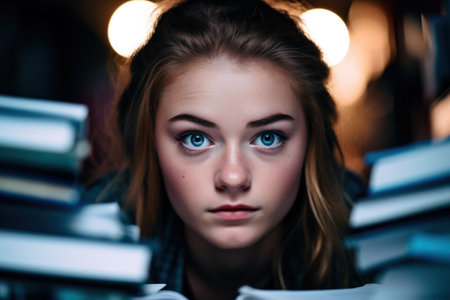 a woman with blue eyes and a pile of booksの素材