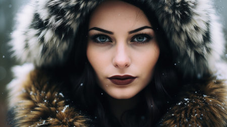 a woman wearing a fur hoodの素材