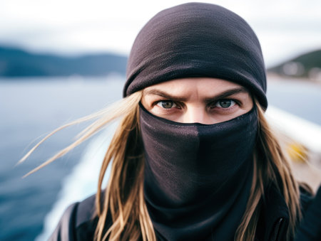 a person with a black scarf over their faceの素材