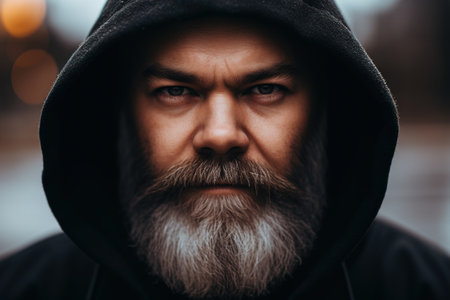 a man with a beard wearing a black hoodieの素材