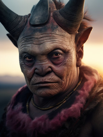 a man with horns and a red fur coatの素材