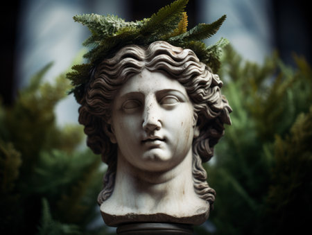a statue of a woman with a plant on her headの素材