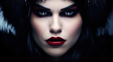 a woman with dark hair and red lipsの素材
