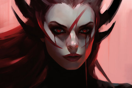 a woman with red eyes and black hairの素材