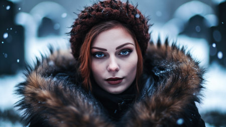 a woman wearing a hat and a fur coatの素材